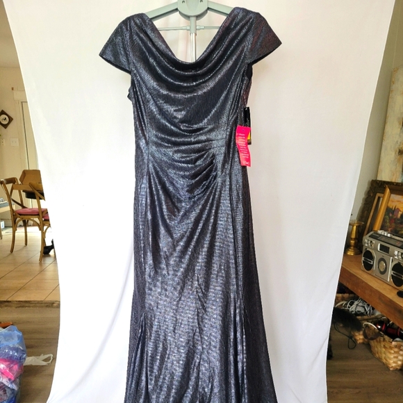 TAHARI Arthur S. Levine Metallic Blue Cap Sleeve Gathered Formal Dress Sz 12 - Picture 1 of 8